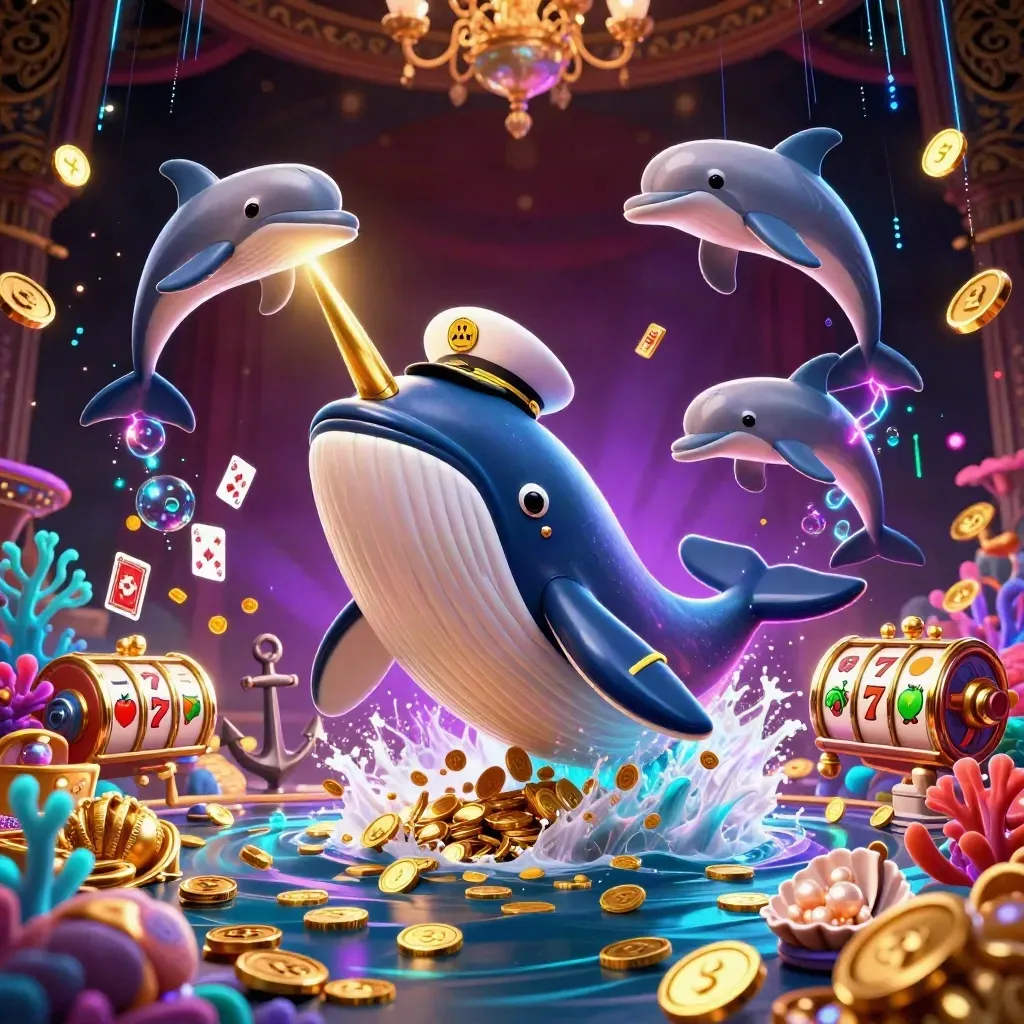 Paus kartun raksasa, narwhal, dan lumba-lumba di laut koin dengan kilau neon kasino.