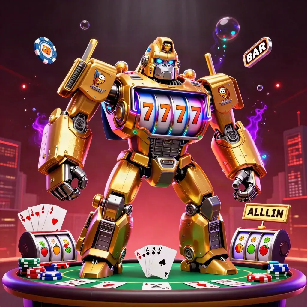 Gorila mech emas bergaya kasino, dikelilingi chip, kartu, dan efek neon biru-ungu.