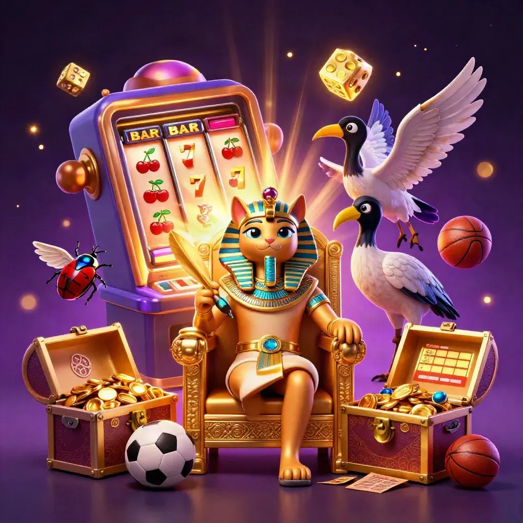 Kucing firaun kartun, ibis, dan scarab emas di tengah ledakan slot neon kasino.