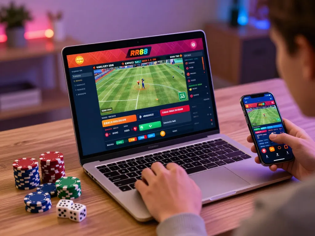 Engaging with RR88 online betting platform, demonstrating sports betting excitement in a modern gaming setup.
