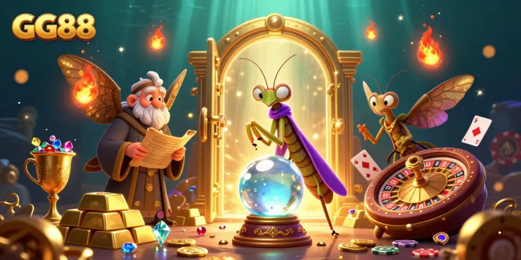 Experience the excitement of GG88 with a vibrant scene of a fortune teller and lush casino elements.