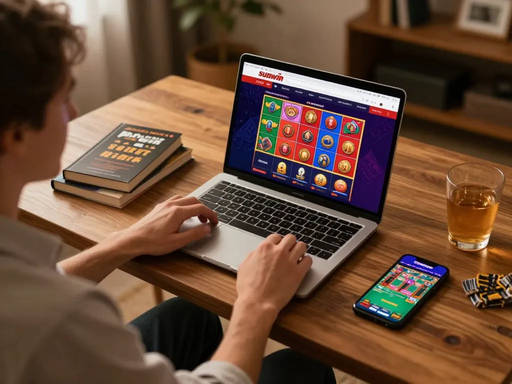 Player enjoying Sunwin mobile casino app at home, surrounded by gaming strategy materials.