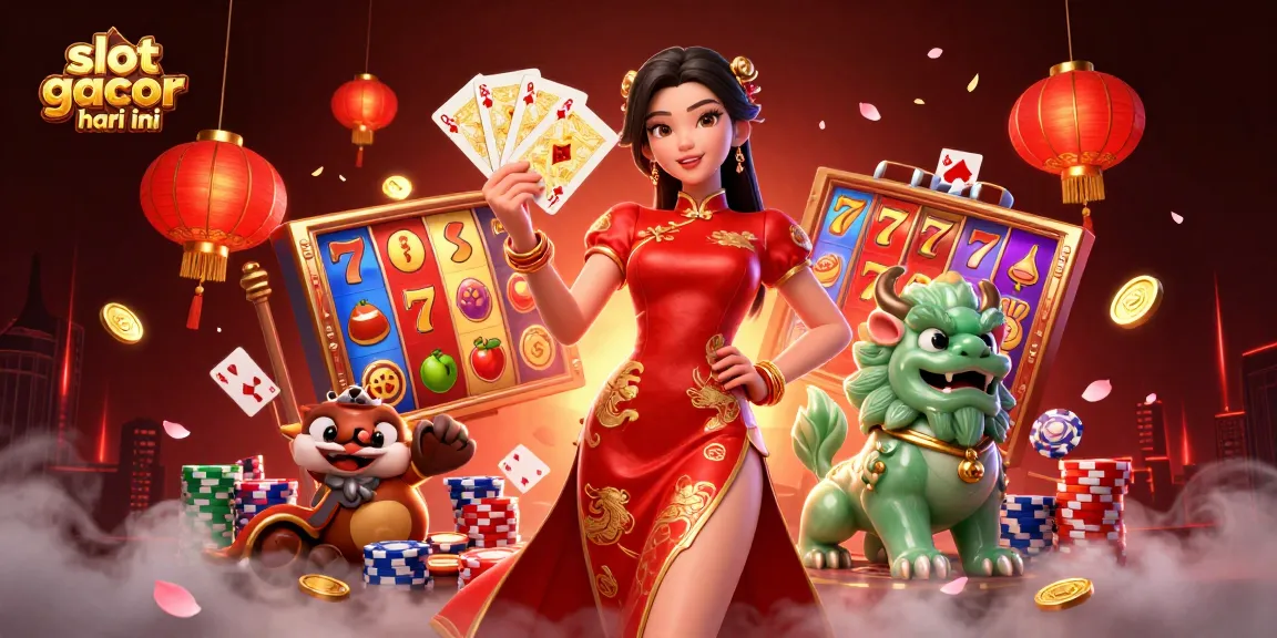 Experience excitement with slot gacor hari ini as vibrant slot reels and tokens fill the dynamic scene.