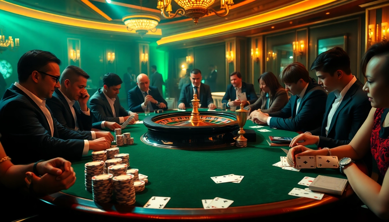 Experience poker mania at a vibrant casino table with players engrossed in the game.