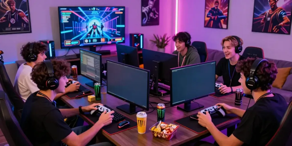 Friends enjoying an adrenaline-fueled unsurtoto gaming session in a vibrant living room setting.
