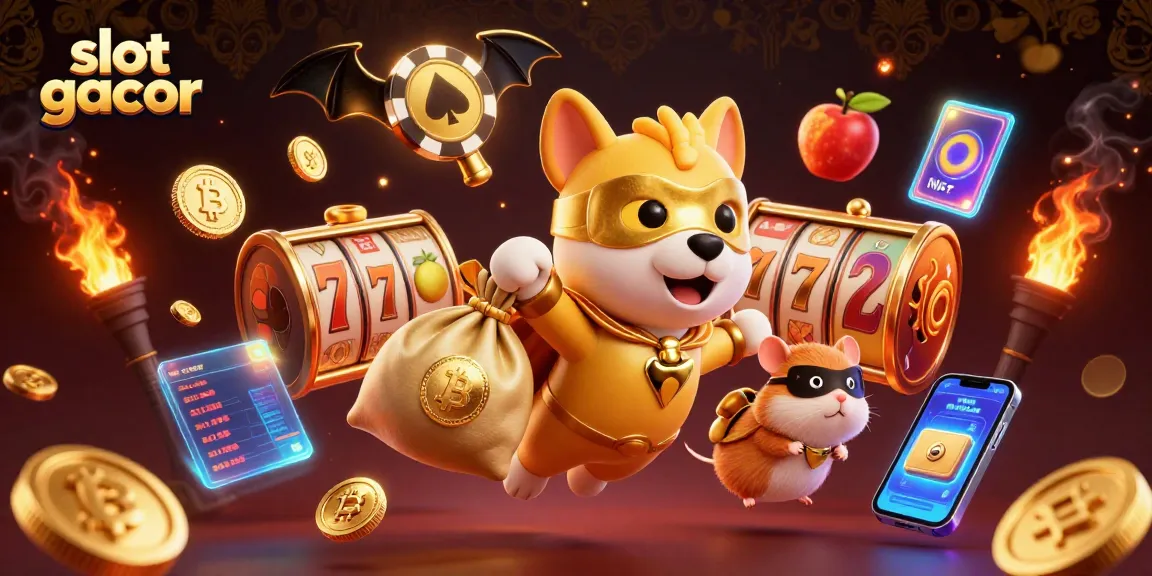 Capture slot gacor excitement with a heroic dog and hamster flying amidst gold coins and slot symbols.