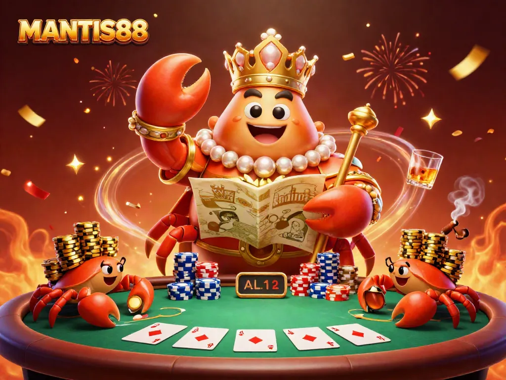 MANTIS88 showcases the golden crab emperor in a vibrant casino scene filled with poker chips and celebration.