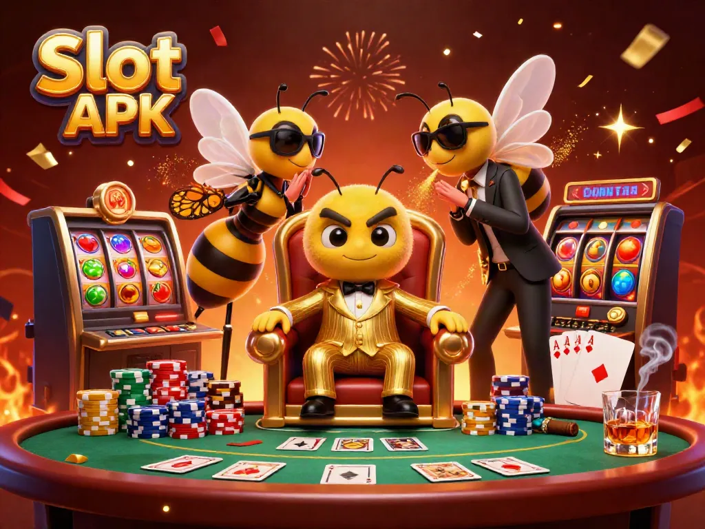 Experience thrills with Slot APK, as a bumblebee mob boss and sidekicks surround colorful slot reels.