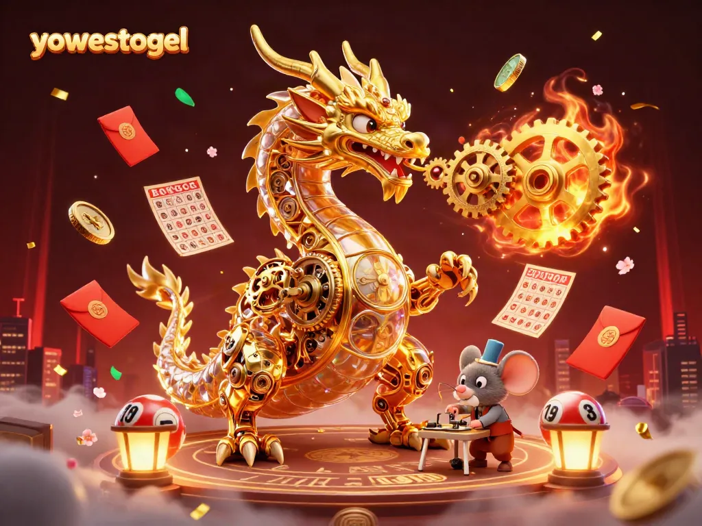 Play and win with yowestogel's lottery balls and golden jackpots in a vibrant casino scene.