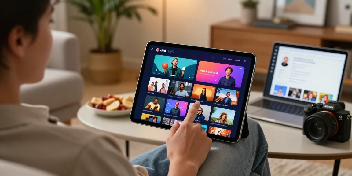 Pengguna menikmati platform dengan performa stabil di ruang tamu yang nyaman dengan tablet dan laptop.