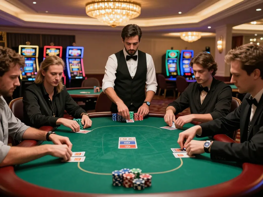 Fabet poker players engaged in high-stakes game, showcasing strategic gameplay in an upscale casino.