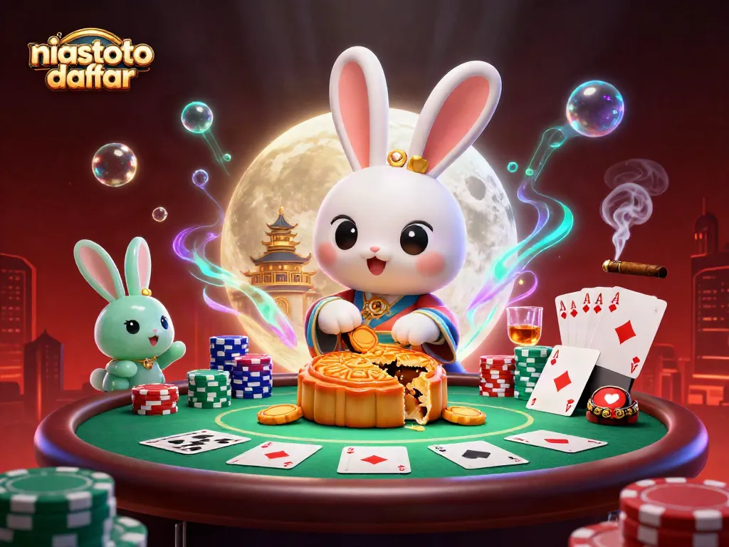 Gambarkan niastoto daftar dengan kelinci bulan yang menumbuk kue bulan emas di permukaan bulan penuh chip poker.