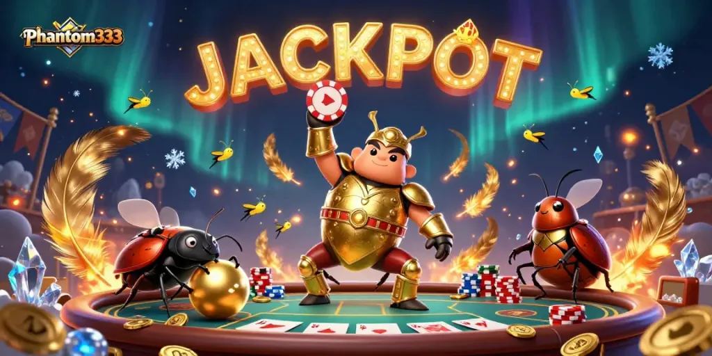 Engage with phantom333's thrilling poker strategy as a triumphant beetle lifts a poker chip in victory amidst scattered coins.