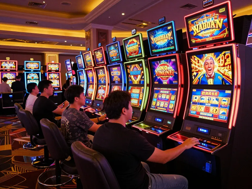 Players enjoying slot machines in a lively casino atmosphere, showcasing vibrant gaming experience