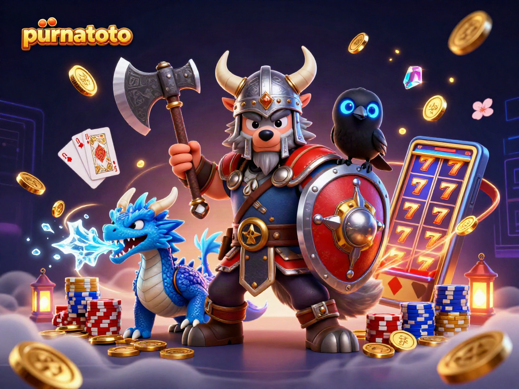 Menggandakan kemenangan di purnatoto melalui mesin slot 3D, kartu poker, dan koin emas yang bersinar.