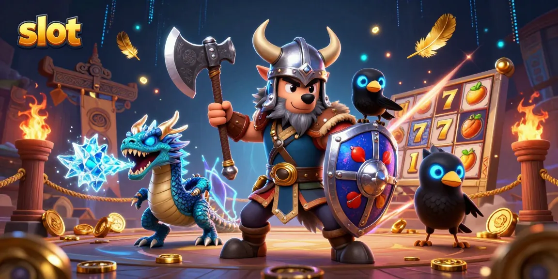 Slot Viking warrior battling alongside dragon and raven amidst dynamic casino elements