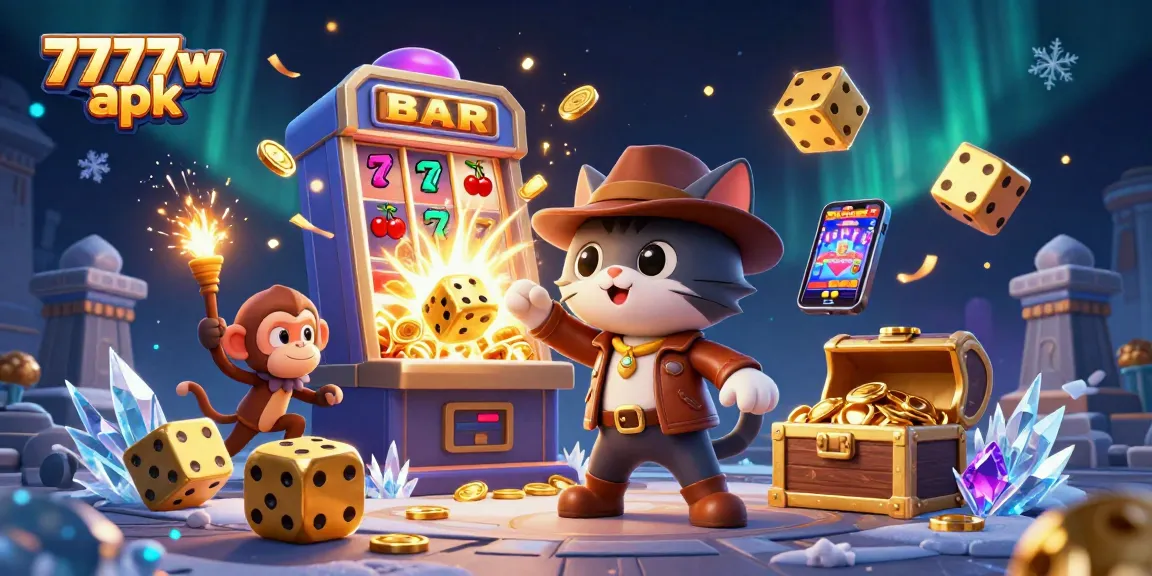 Engage with the 7777w apk, showcasing a lively casino scene with exciting game elements.