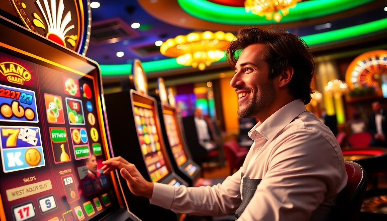 Engaged player enjoying slot depo 25 bonus 30 action at a luxurious casino.
