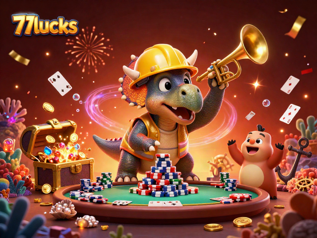 Permainan poker yang meriah dalam ilustrasi digital 77lucks dengan dinosaurus merayakan.