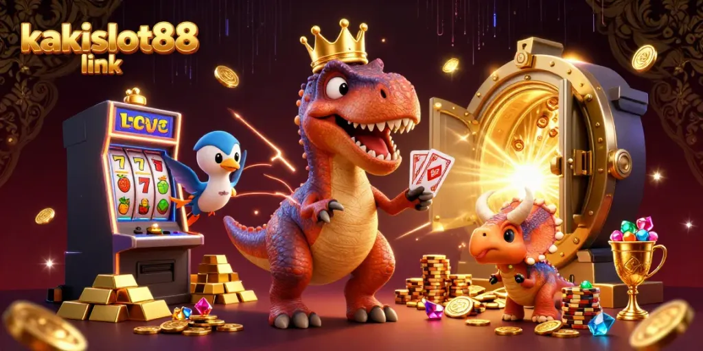 Menangkan jackpot di kakislot88 link, dengan T-Rex, pterodactyl, dan triceratops yang bertumpuk koin emas!