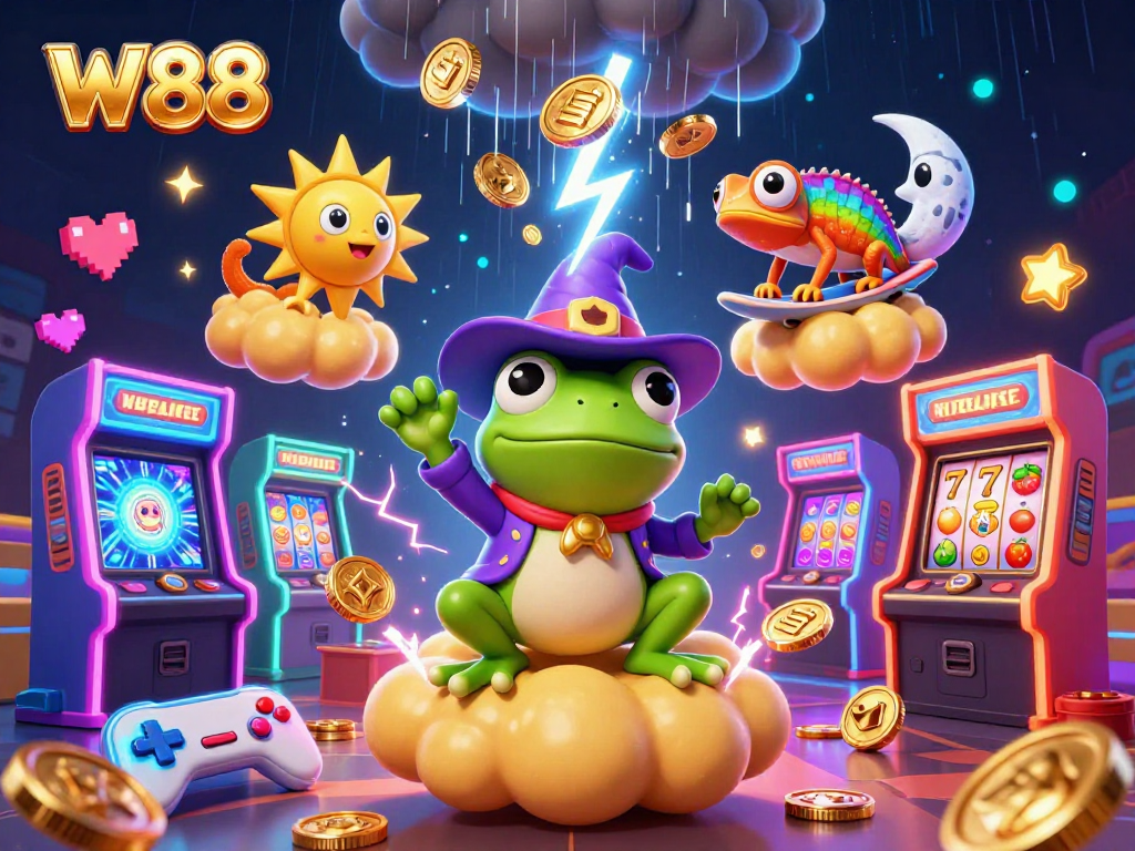 Experience the thrill of W88 with a wizard frog and chameleon amidst a storm of golden coins.