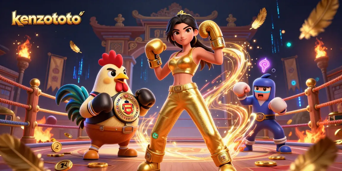 Kenzototo showcases a vibrant dynamic scene with a powerful female fighter and a championship rooster, evoking lottery excitement.
