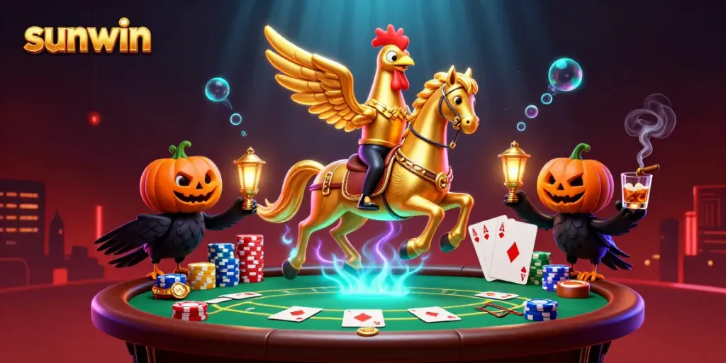 Engage with sunwin in a thrilling midnight casino scene filled with poker tables and golden rooster characters.