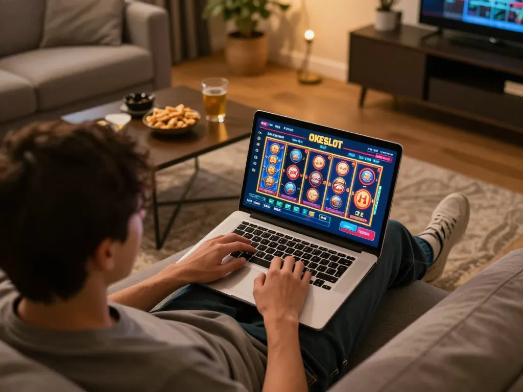 Play slots on OKESLOT with a cozy home gaming setup, showing engagement and strategy.