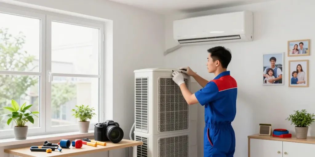 Teknisi dewitogel memperbaiki AC di rumah pelanggan dengan peralatan rapi dan atmosfer hangat.