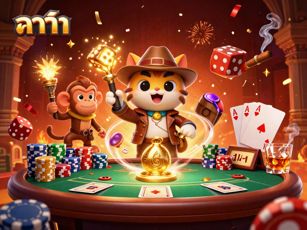Experience thrilling บาคาร่า gameplay with a cartoon cat and monkey exploring a vibrant casino scene.