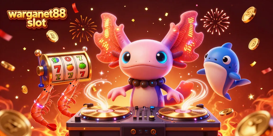 Engaging players with warganet88 slot, neon axolotl DJ spins reels alongside vibrant casino scenes.