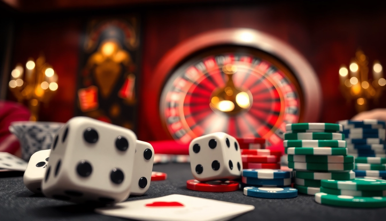 Permainan buntogel dengan dadu dan koin kasino di meja yang glamor.