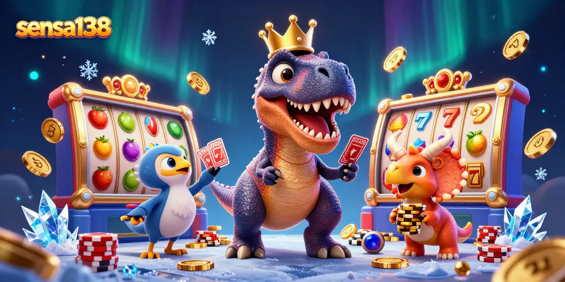 Sensa138 slot game featuring cartoon T-Rex card shuffling, vibrant lucky 7s, and colorful gold coins.