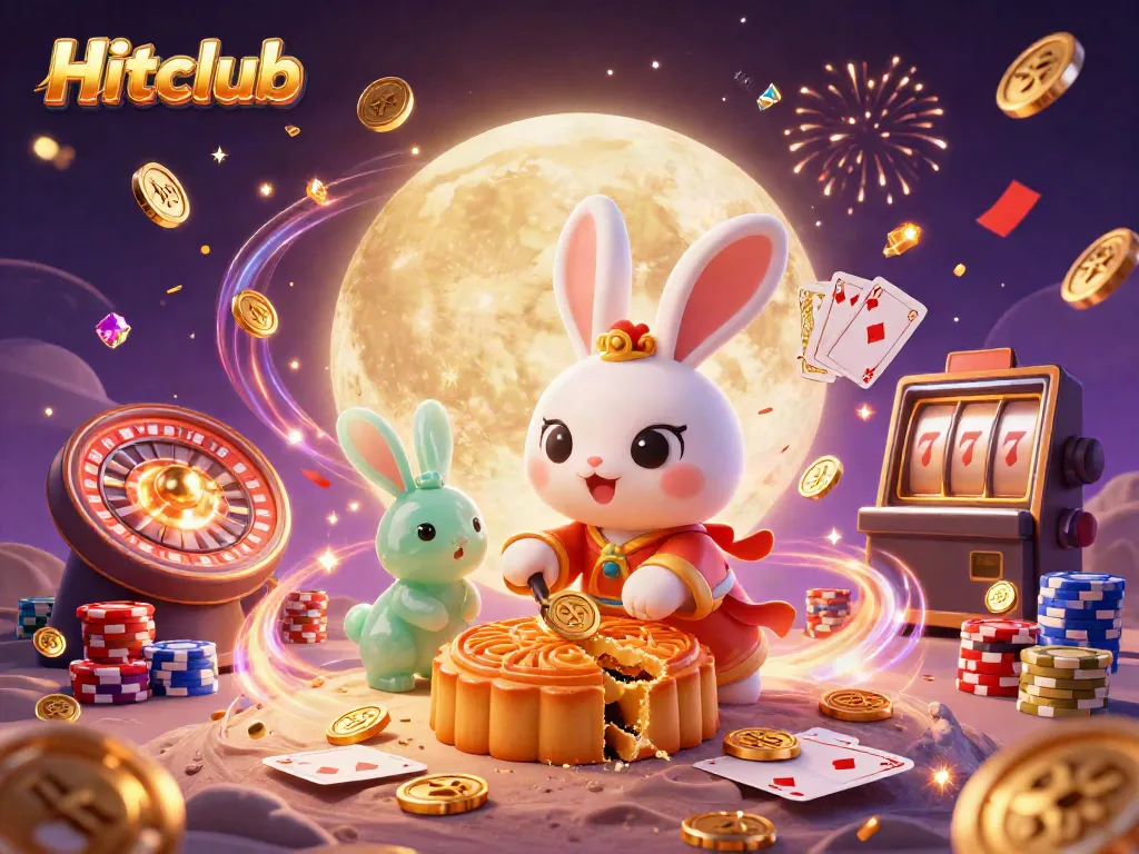 Hitclub moon rabbit unleashing poker chips from mooncakes in a vibrant casino setting