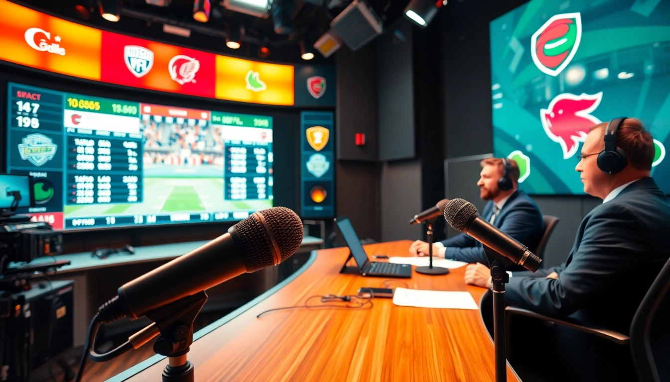 Engaging scene of sports broadcasting studio featuring commentators delivering insights.
