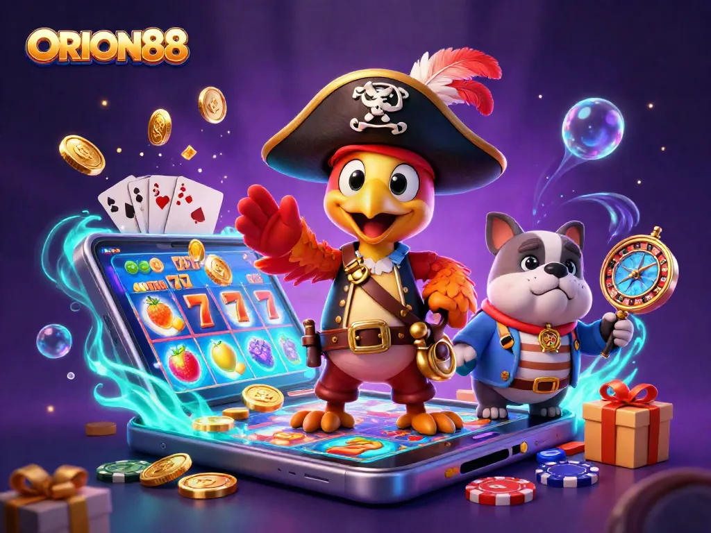 Engage with ORION88's thrilling gaming scene featuring a pirate captain and slot game excitement.