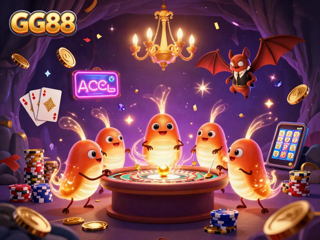 Experience GG88's casino thrill with vibrant glowworms, bioluminescent lights, and gaming action.