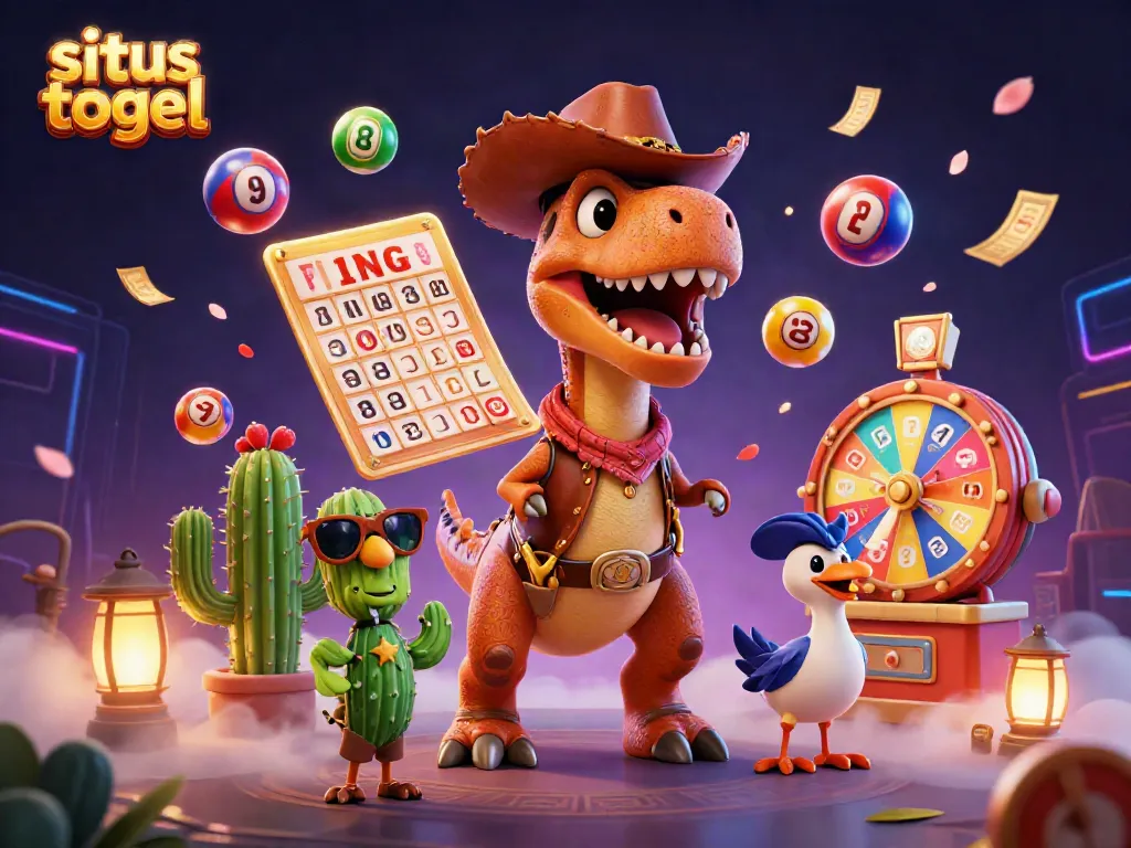 Engage in situs togel excitement with a vibrant 3D illustration featuring a cowboy T-Rex and friends.