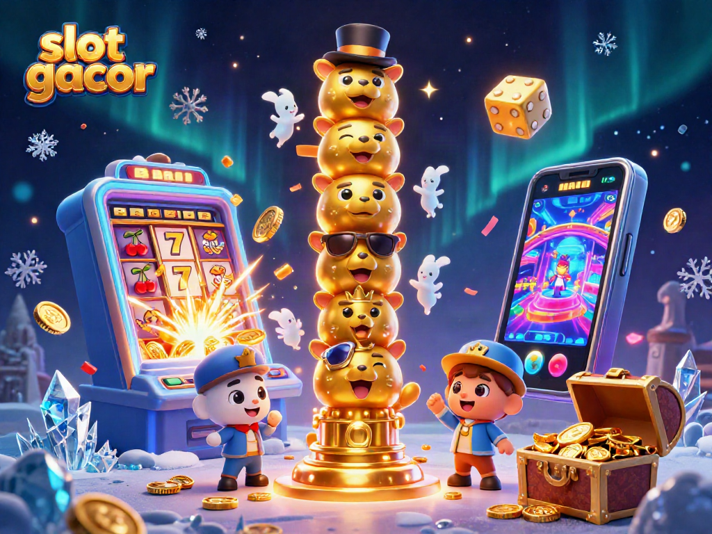 Putaran slot gacor menarik dengan simbol keberuntungan, mesin slot, dan elemen permainan kasino yang kaya.