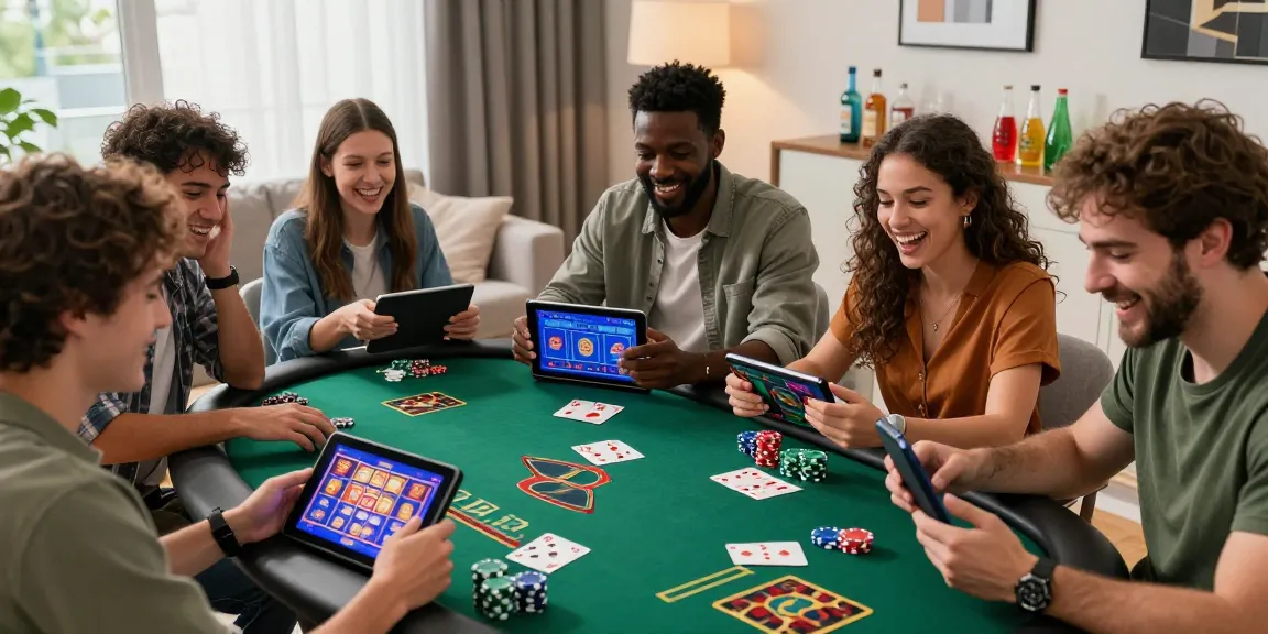 Friends enjoying a lively game night featuring digital link slots and casino games.