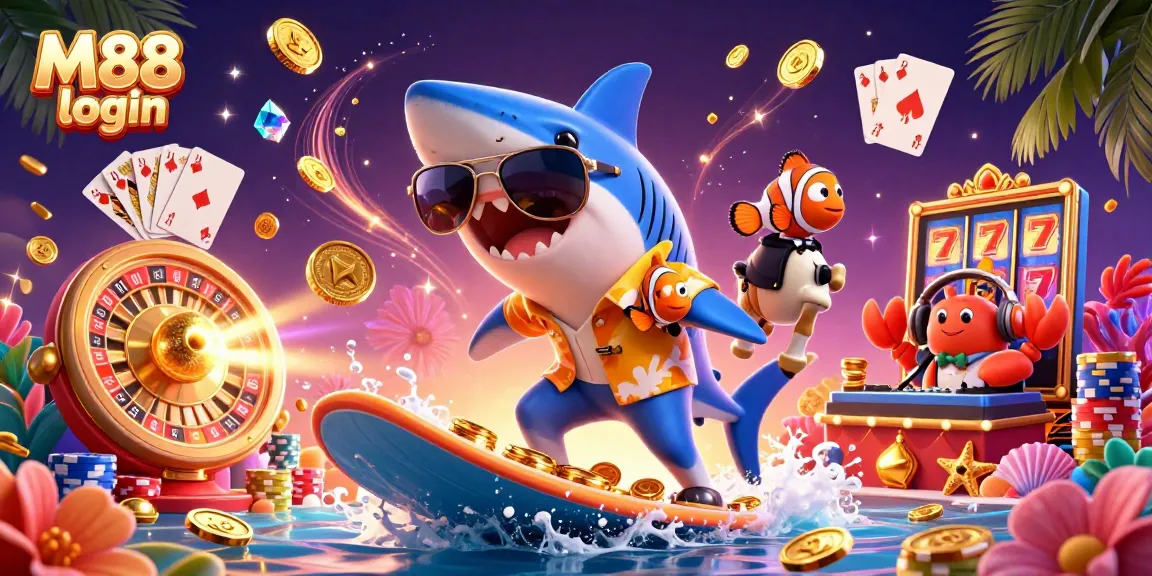 M88 login action scene featuring a shark, clownfish, and crab in a vibrant casino environment.
