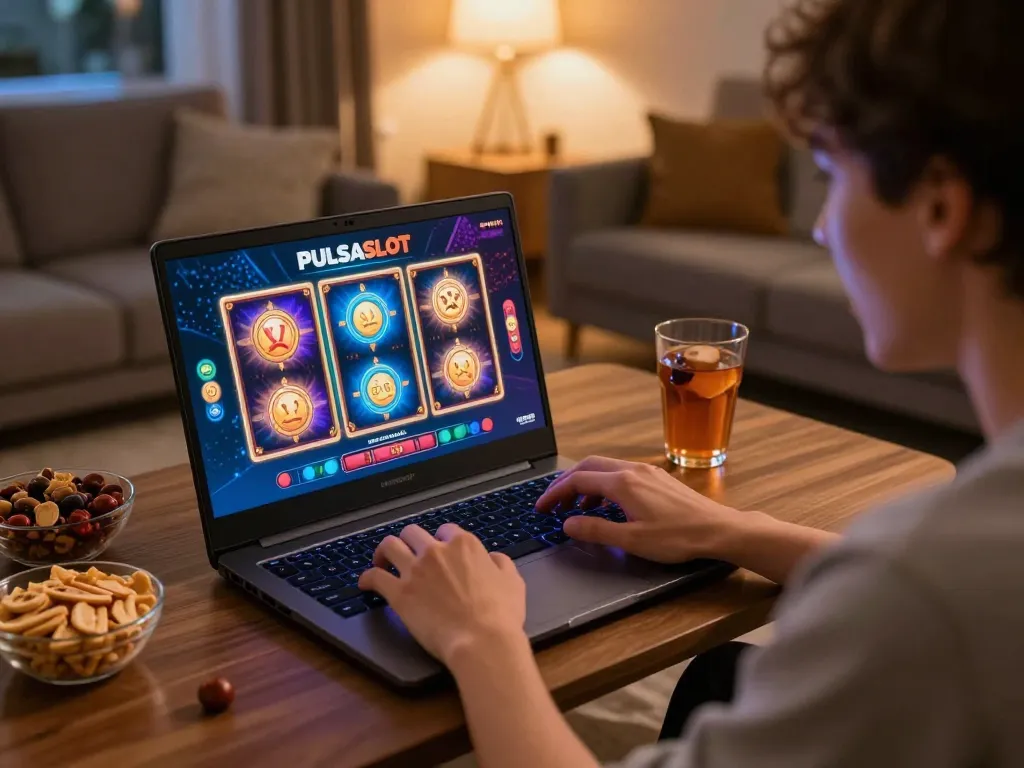PULSASLOT player enjoying online slot games in a cozy home environment with snacks.