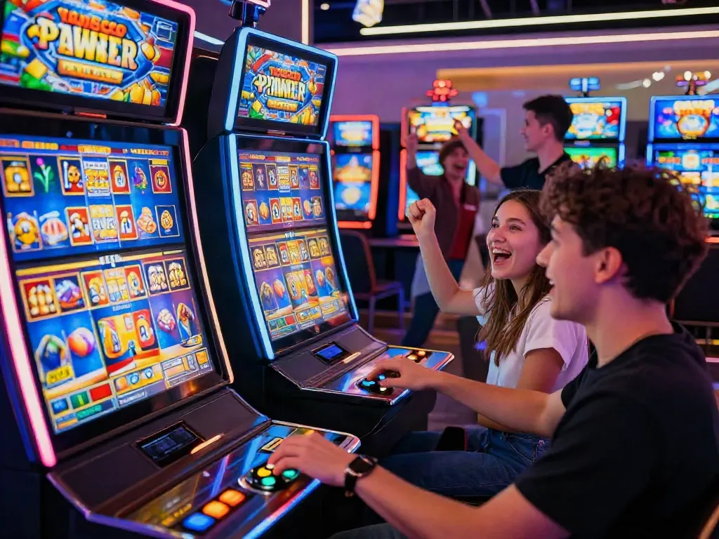 Exciting moment at a slot gacor casino, diverse players celebrating victories.