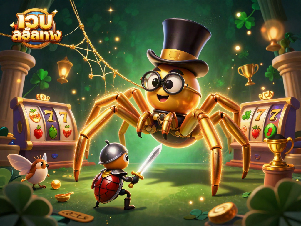 Experience เว็บสล็อตตรง with a vibrant 3D illustration of a golden tarantula and beetle knight in a lively casino scene.