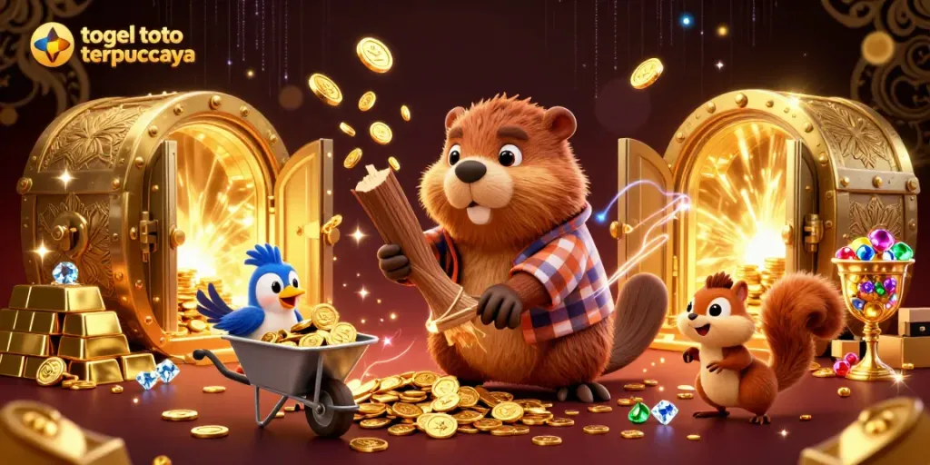 Momen seru permainan togel toto terpercaya dengan karakter kartun mengumpulkan koin emas di latar belakang mewah.