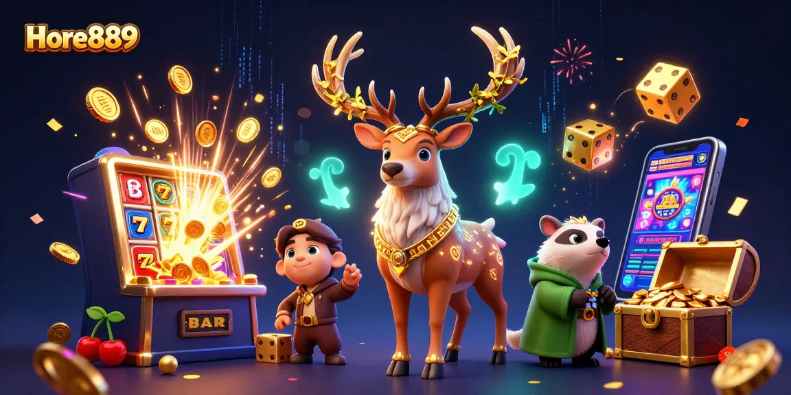 Engage with Hore889's thrilling slots and casino experience in this vibrant 3D illustration.