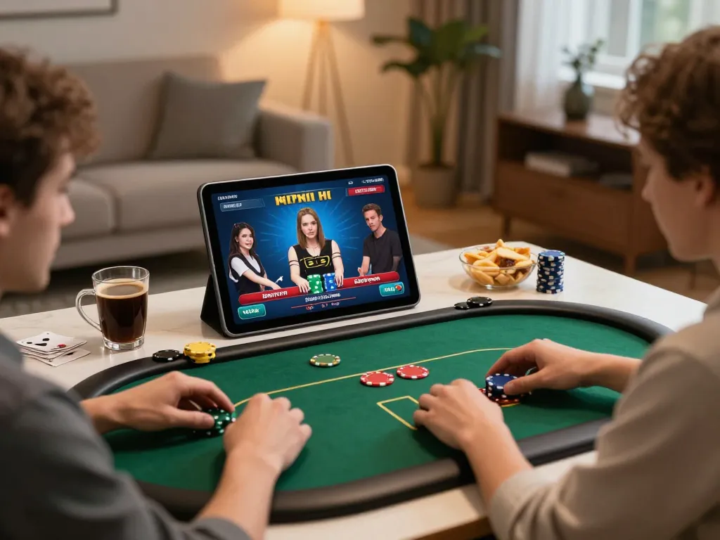Engaging online poker setting showcasing joylink free kredit used as players place bets around a stylish living room.