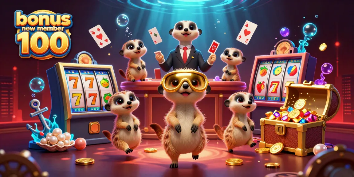 Menangkan bonus new member 100 sambil bermain slot dengan meriahnya kasino online di latar bawah laut.