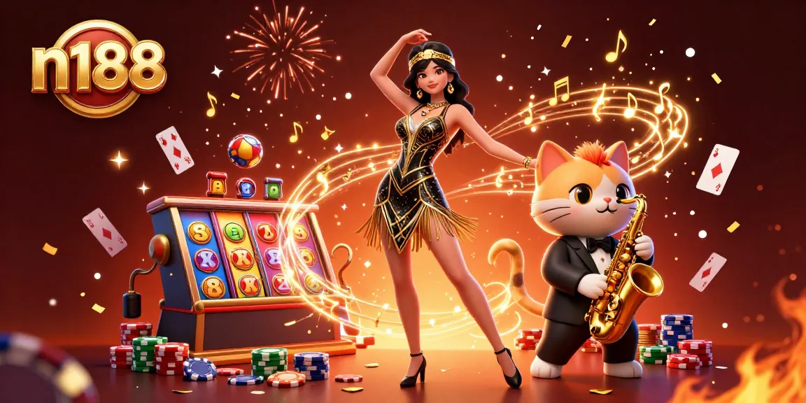 Engaging n188 casino illustration showcasing a flapper dancer and saxophonist cat amidst slot reels and vibrant confetti.
