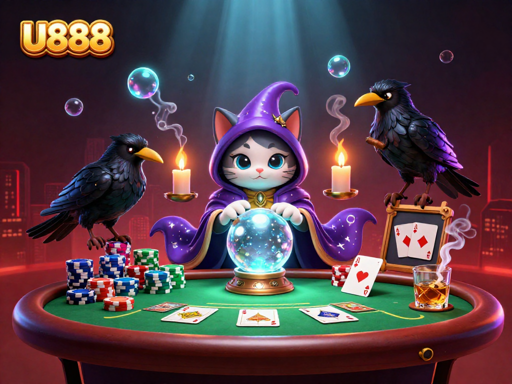 Experience the thrill of U888 with a mystical cat and raven at a packed poker table.